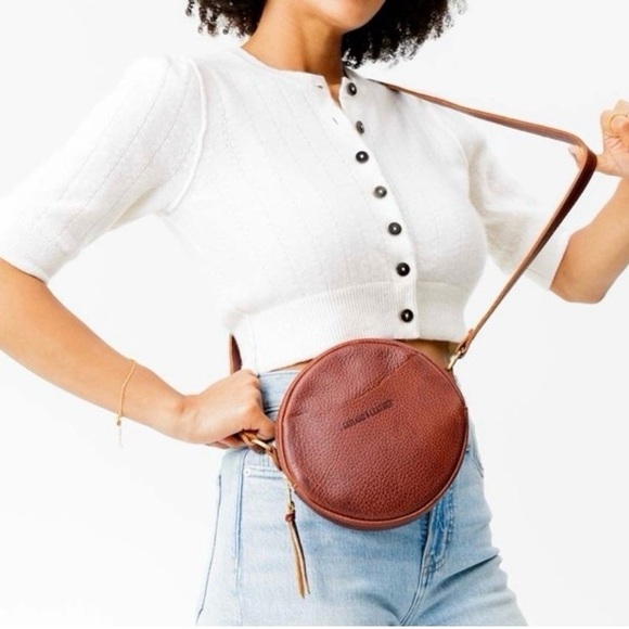 Portland Leather Nutmeg  Circle Crossbody Bag with Pebbled Leather 7” - Picture 5 of 13